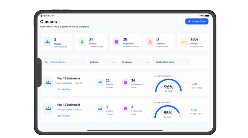 Minuvia Teacher Portal Classes screen