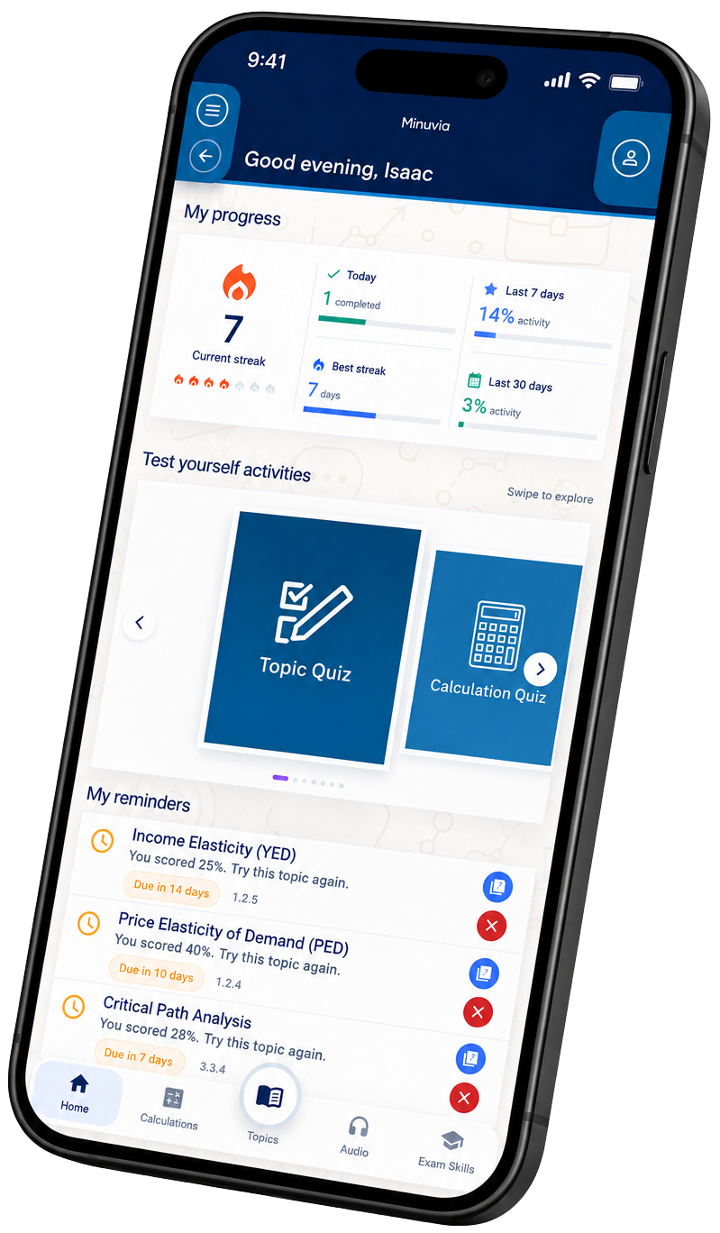 Minuvia revision app displayed on a smartphone