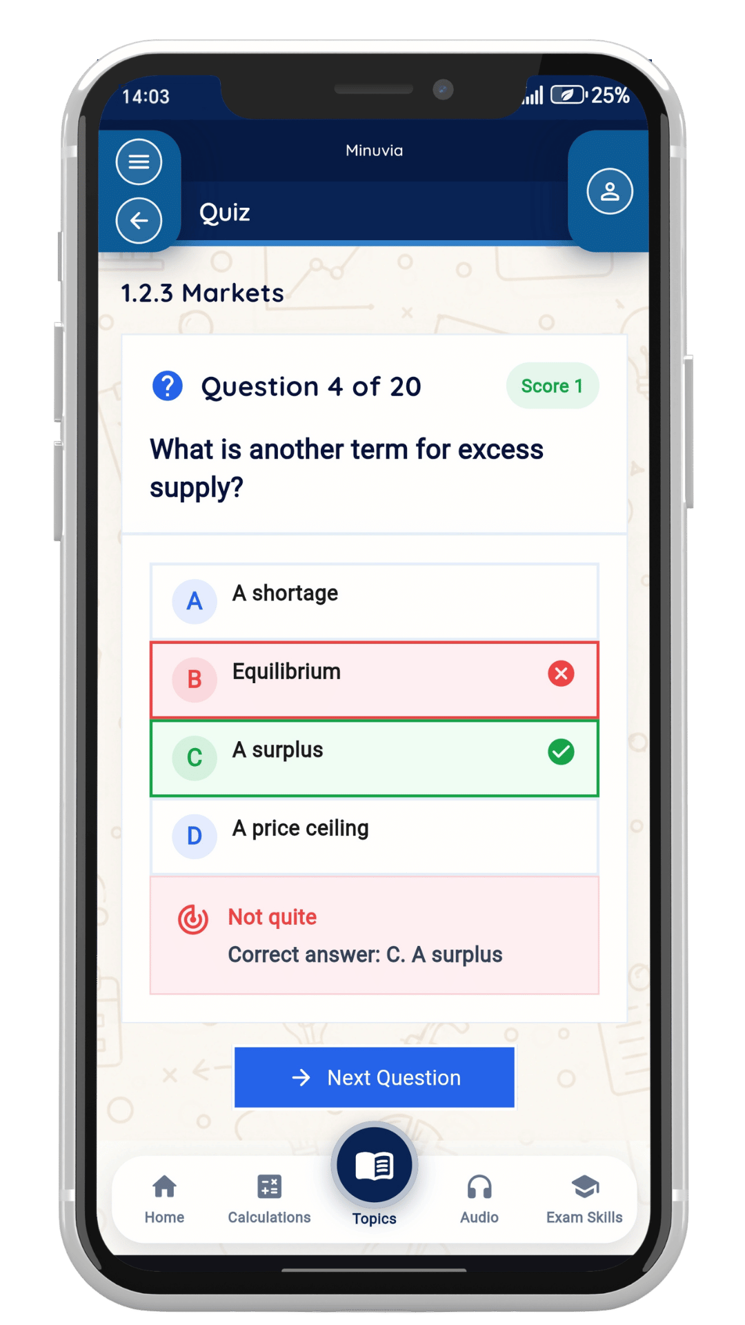 Student completing a Minuvia quiz in the app